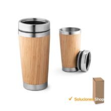 Vaso térmico, acero inoxidable, bambú, 450 ml, aislamiento premium, diseño eco-friendly, tapa hermética, personalización, regalo ideal, viajes, café, té, bebidas frías.